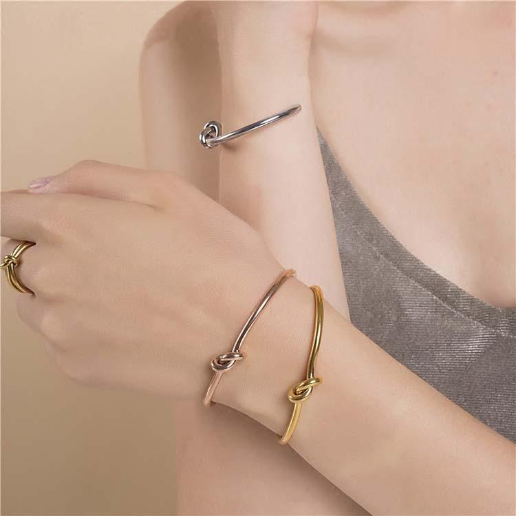 Rose Gold Knotted Open Copper Bracelet - Unisex Fashion Jewelry for Couples