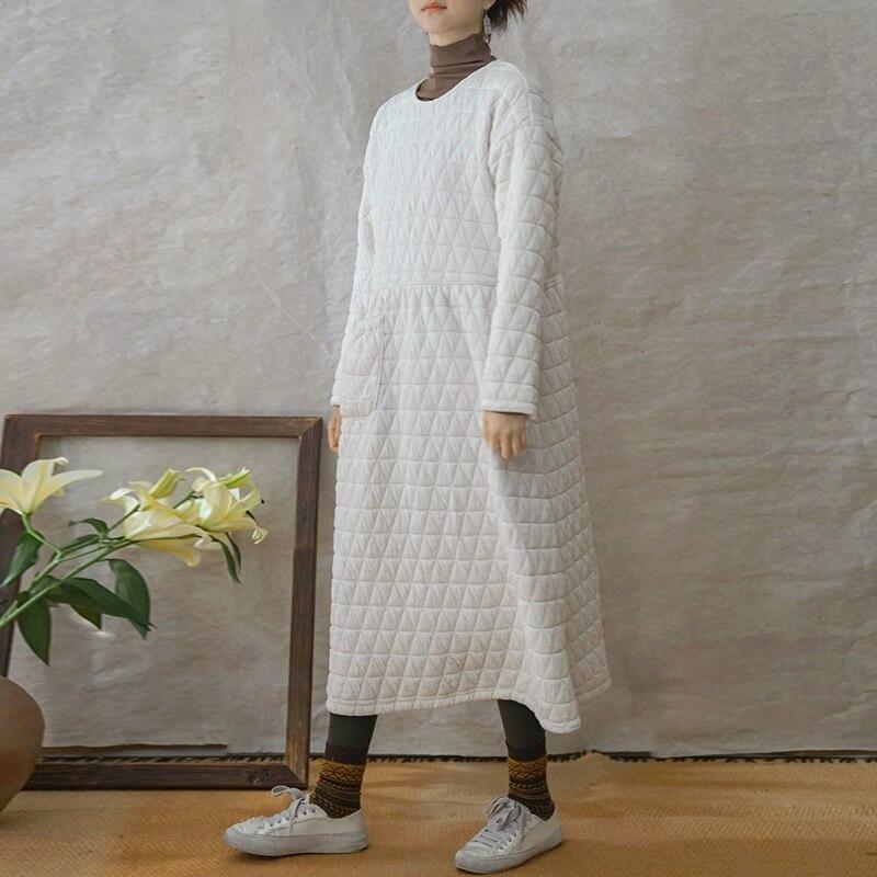 Johnature Women Vintage Winter Dresses Warm Thick O-Neck Long Sleeve Pockets Female Robes High Waist Dresses