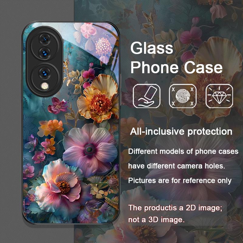 Elegant Floral Vintage Flower Pattern Tempered Glass Phone Case for Huawei Honor 200 Lite 100 Pro 90 80 GT Magic 7 6 X8 X9 Cover