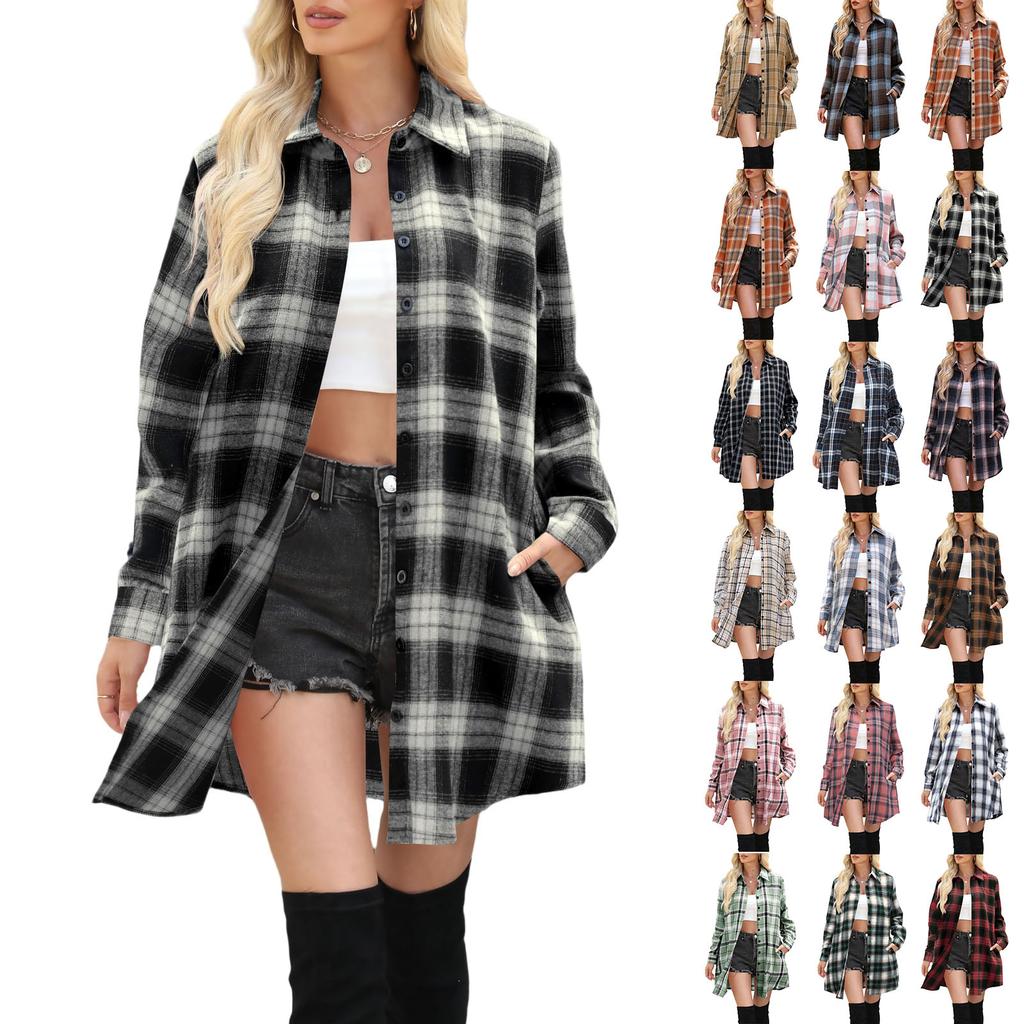 Women's Casual Long Sleeve Plaid Tunic Shirt, Loose Fit Mid-Length Top for Spring and Fall