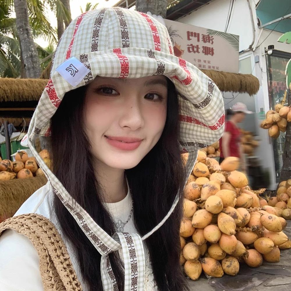 UV Protection Strappy Sun Hat Quick-dry Plaid Bucket Cap Fashion Seaside Fisherman Hat  Summer