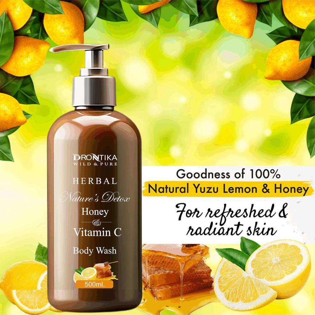 Drontika Wild & Pure Nature Detox Body Wash, 1000ml Shower Gel, 100% Natural Lemon & Honey With Citrus Essential Oil & Lemongrass Extracts for pH