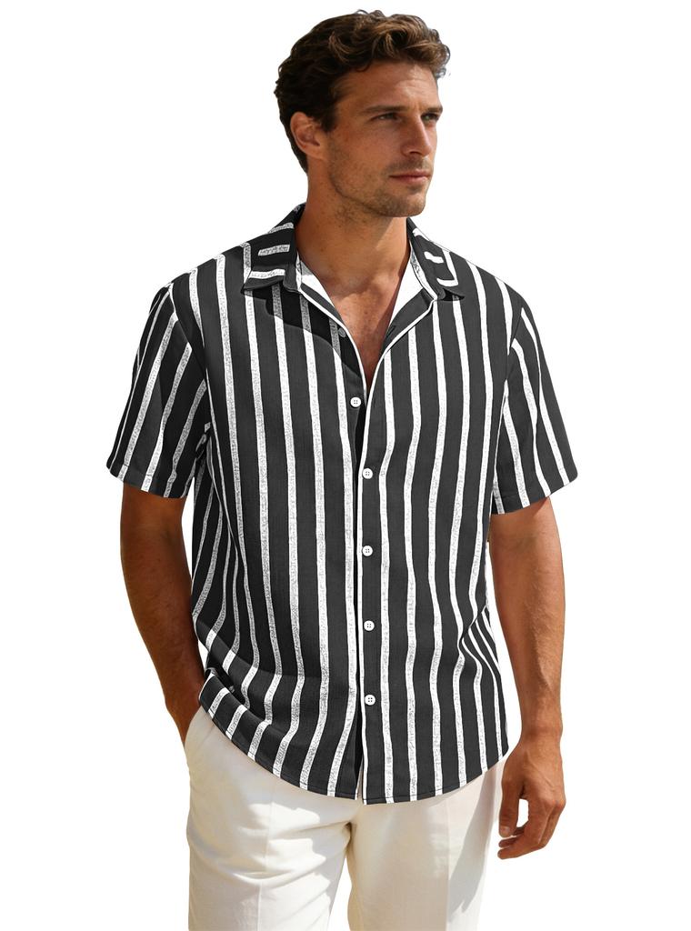 Summer new men's striped short sleeved shirt, men's casual versatile loose short sleeved shirt