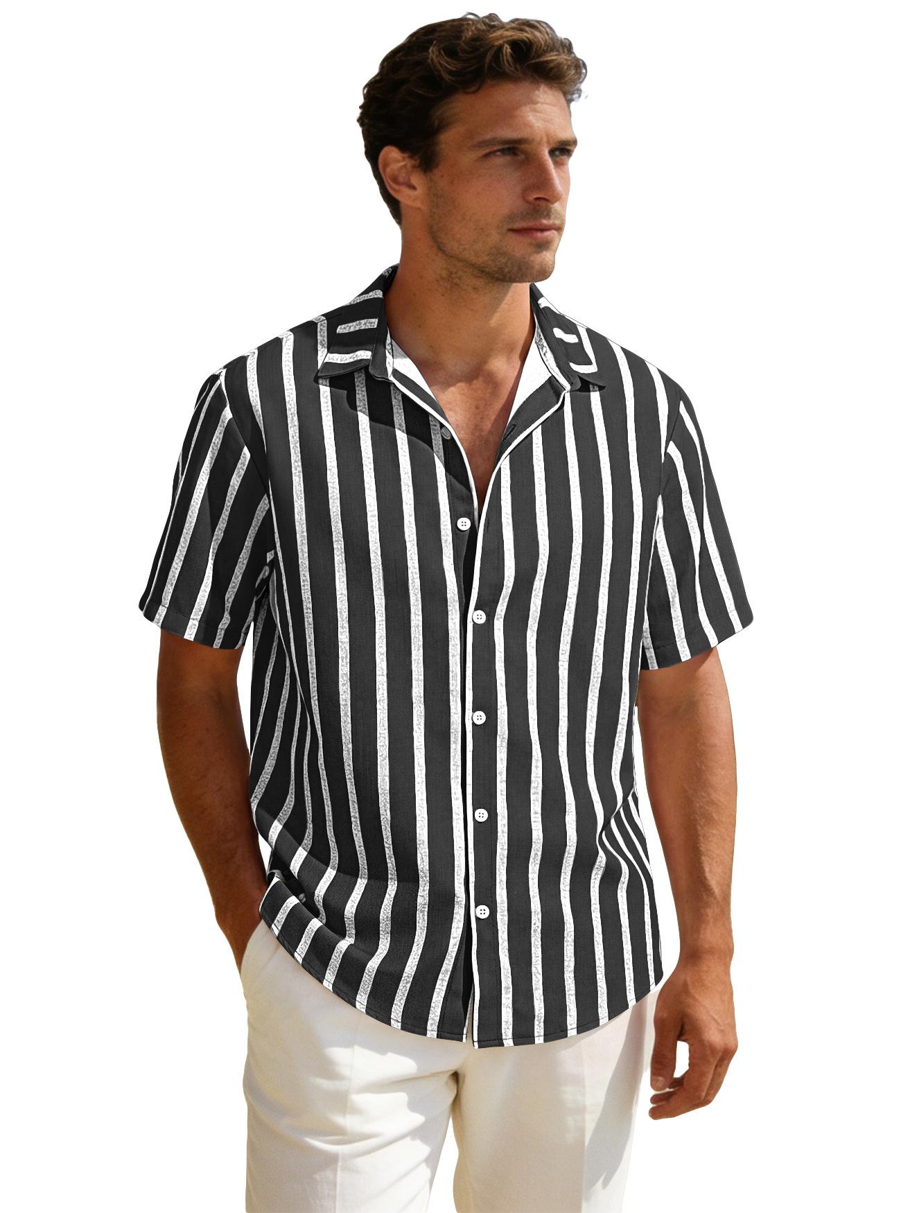 Летняя новая мужская полосатая рубашка с коротким рукавом, мужская повседневная универсальная свободная рубашка с коротким рукавом S темно-синий