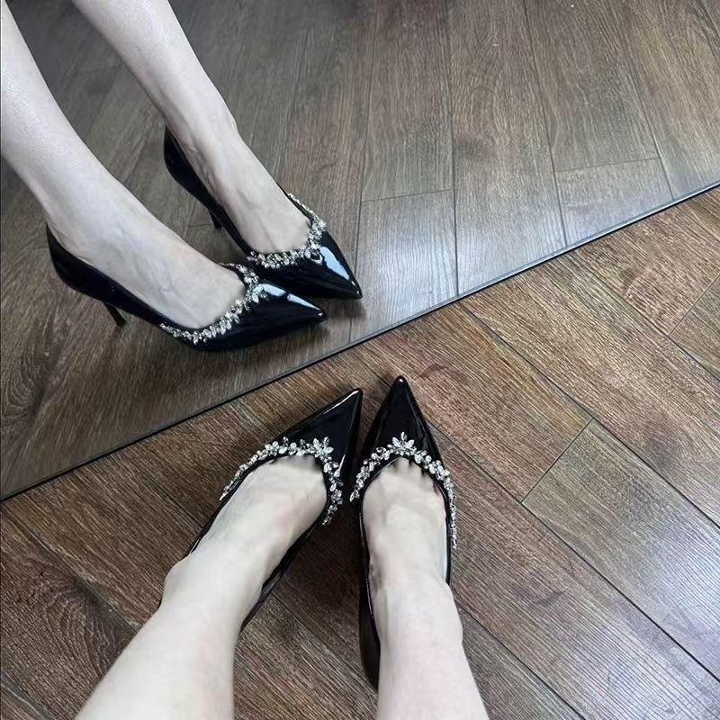 Light Mouth Black Single Shoes New Celebrity Temperament Dress Rhinestone High Heels Women's Banquet Pointed Stiletto