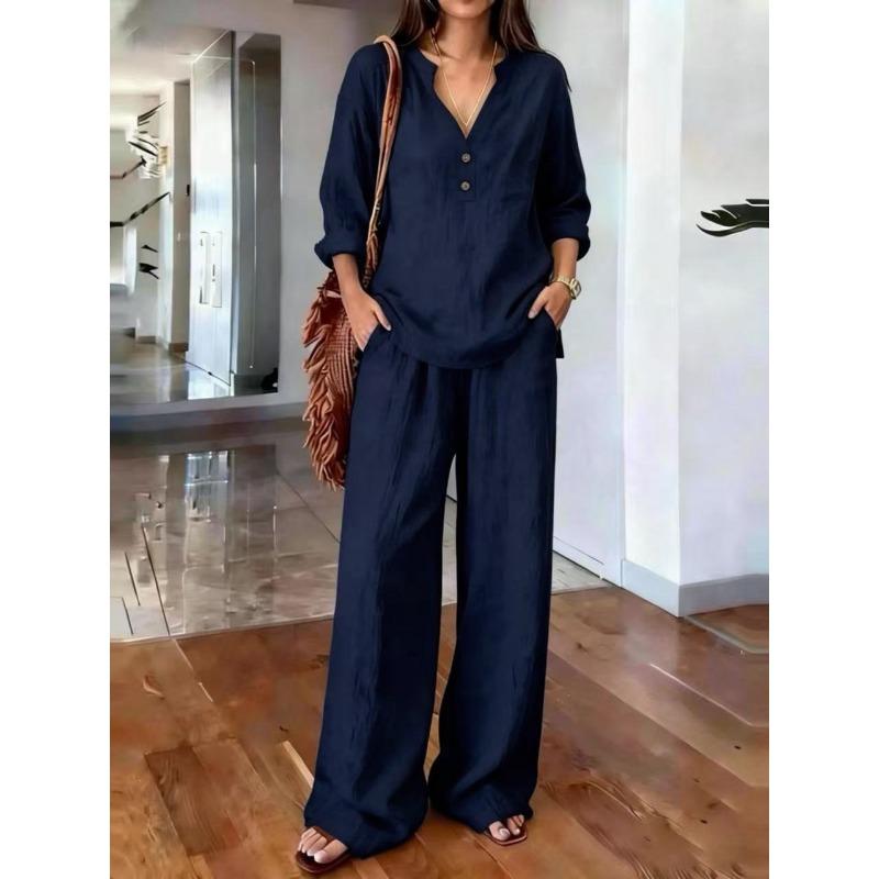 Women S Long Sleeve Solid Color Loose Casual Two Piece Set