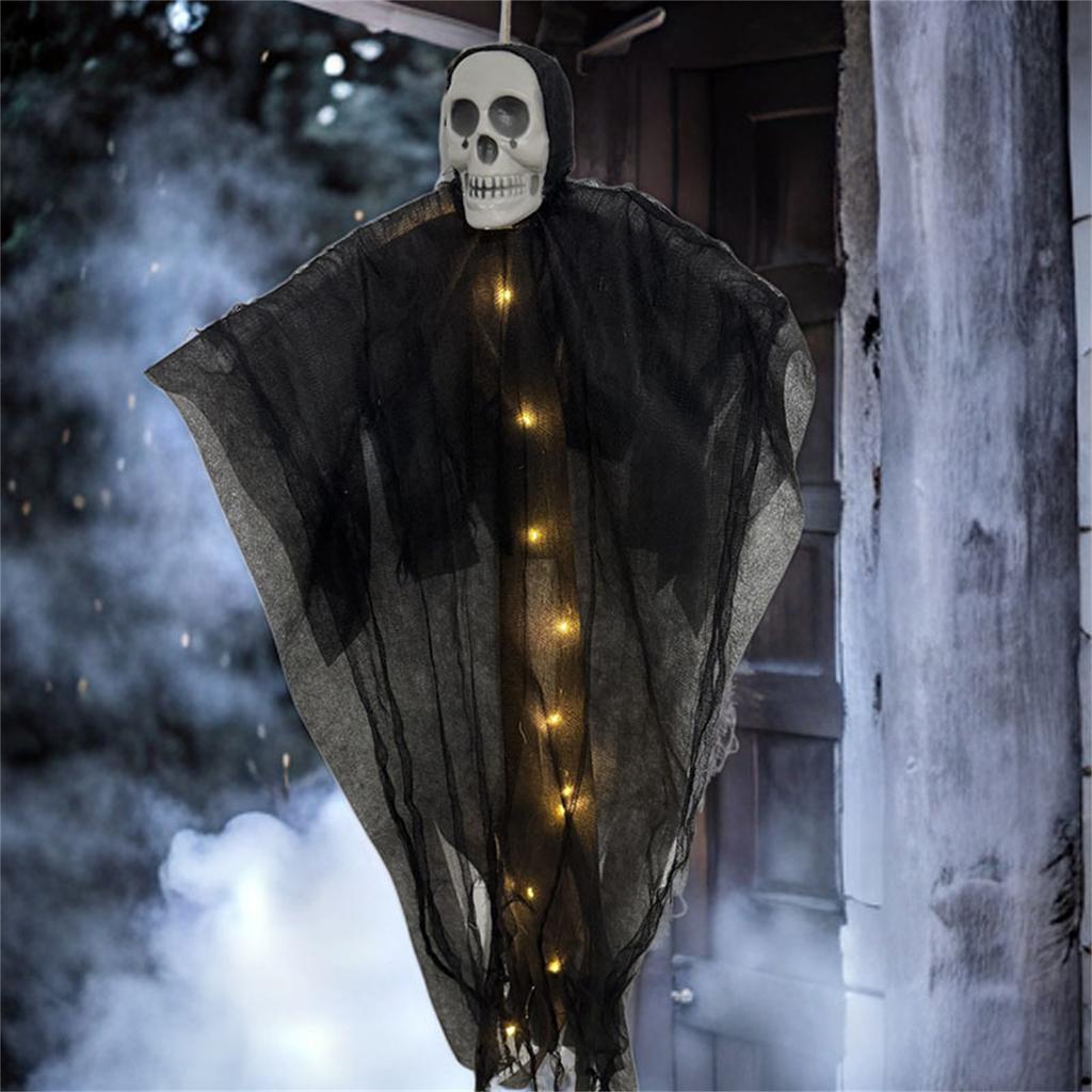 Svítící lebka Halloweenská dekorace s automatickými LED světly pro strašidelnou vnitřní venkovní párty výzdobu