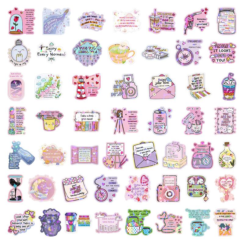 50sheets/bag Cute Text Quotes Aesthetic Stickers Fresh and Inspirational Text Graffiti for Car Earphones Water Cup Stickers