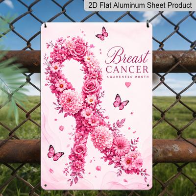 2D Flat Floral Pink Ribbon Breast Cancer Awareness Aluminum Metal Sign‑8.0x12.0inch Wall Decor, Butterfly Flower Survivor Support Plaque, Pre‑Drilled