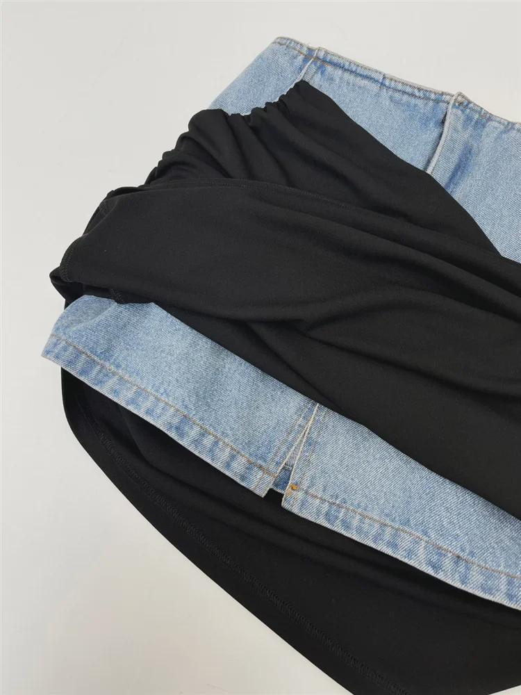 Modern Deconstructed High-Waist Black Pleated Denim Skirt with Spliced Design for Women