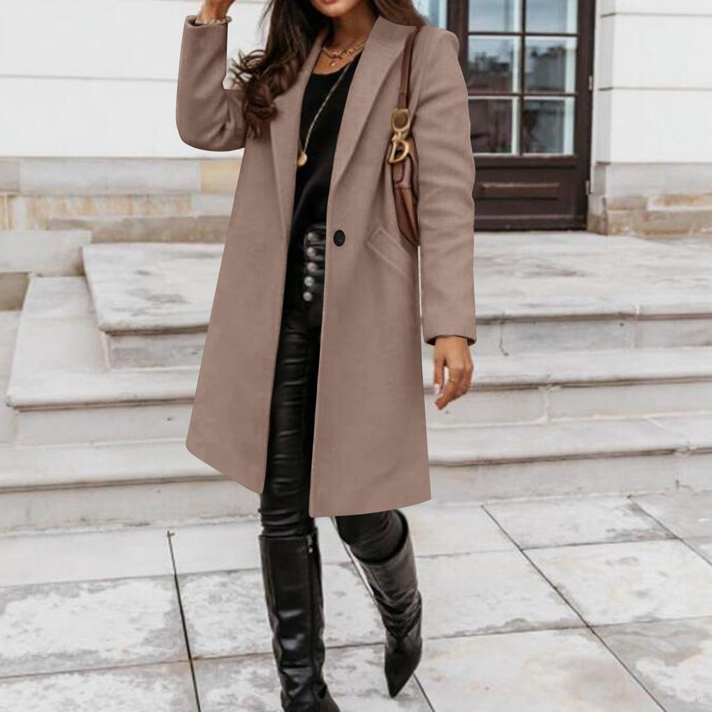 Women's Stylish Casual Color Long Coat with Buttons and Pockets for Daily Wear