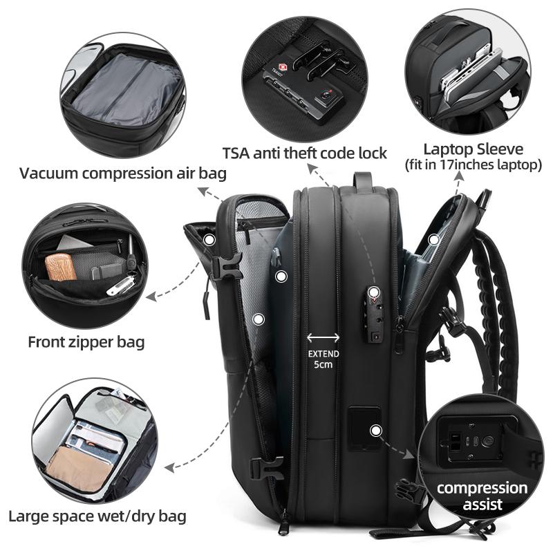 Backpack Man Travel Vacuum Compression With Electric Pump 17in Laptop Bag Waterproof Storage Expandable Fashion Casual Back Pack