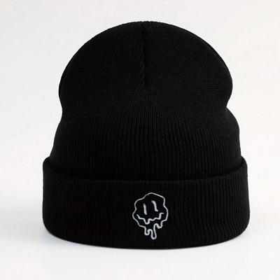 1pc Funny Embroidered Melted Smiling Face Men's Knitted Brimless Hat Autumn Winter Beanie Warm Caps Comfortable