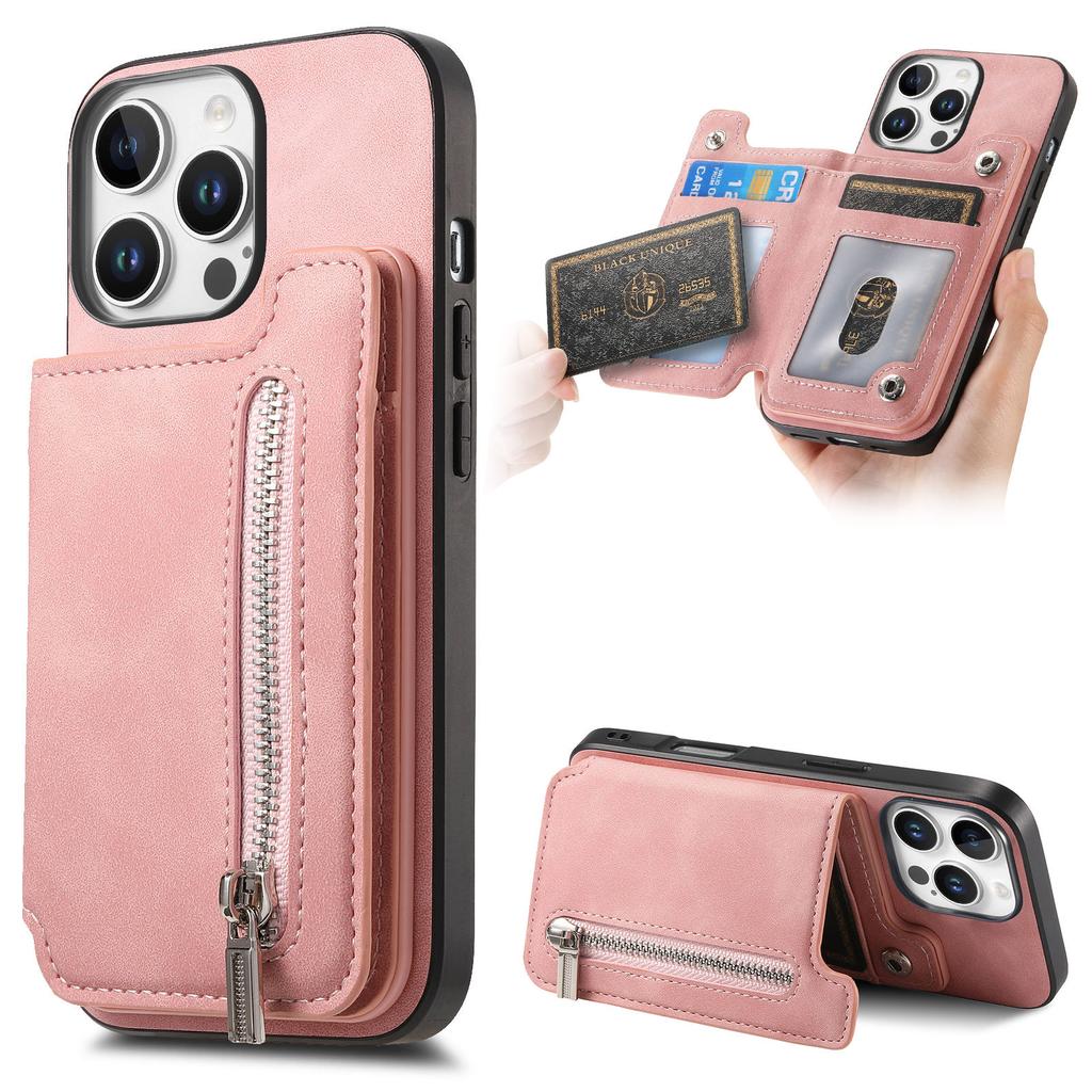 For iPhone 16 Pro Case Magnetic Detachable Zipper Card Holder Leather+TPU Phone Cover
