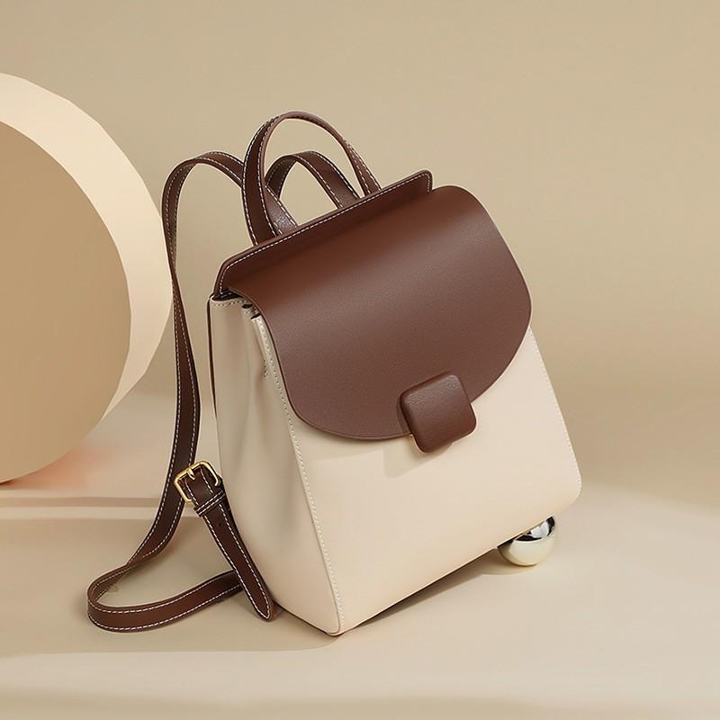 Womens Genuine Leather Small Backpack Travel Commute College Student Daily Use Soft Shoulder Bag With Zippered Pockets
