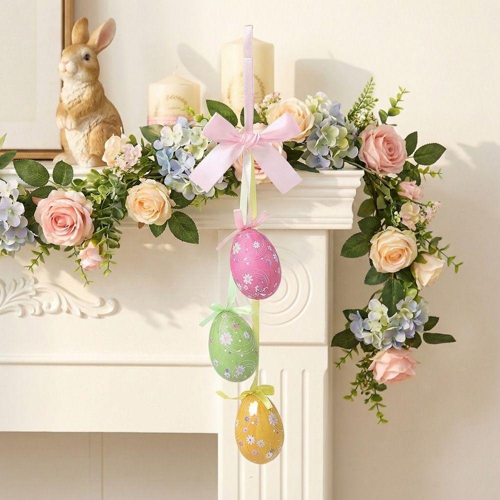 with Bow Foam Eggs Ornaments Painted Colorful Eggs String Easter Eggs Hanging Pendant  Easter Party