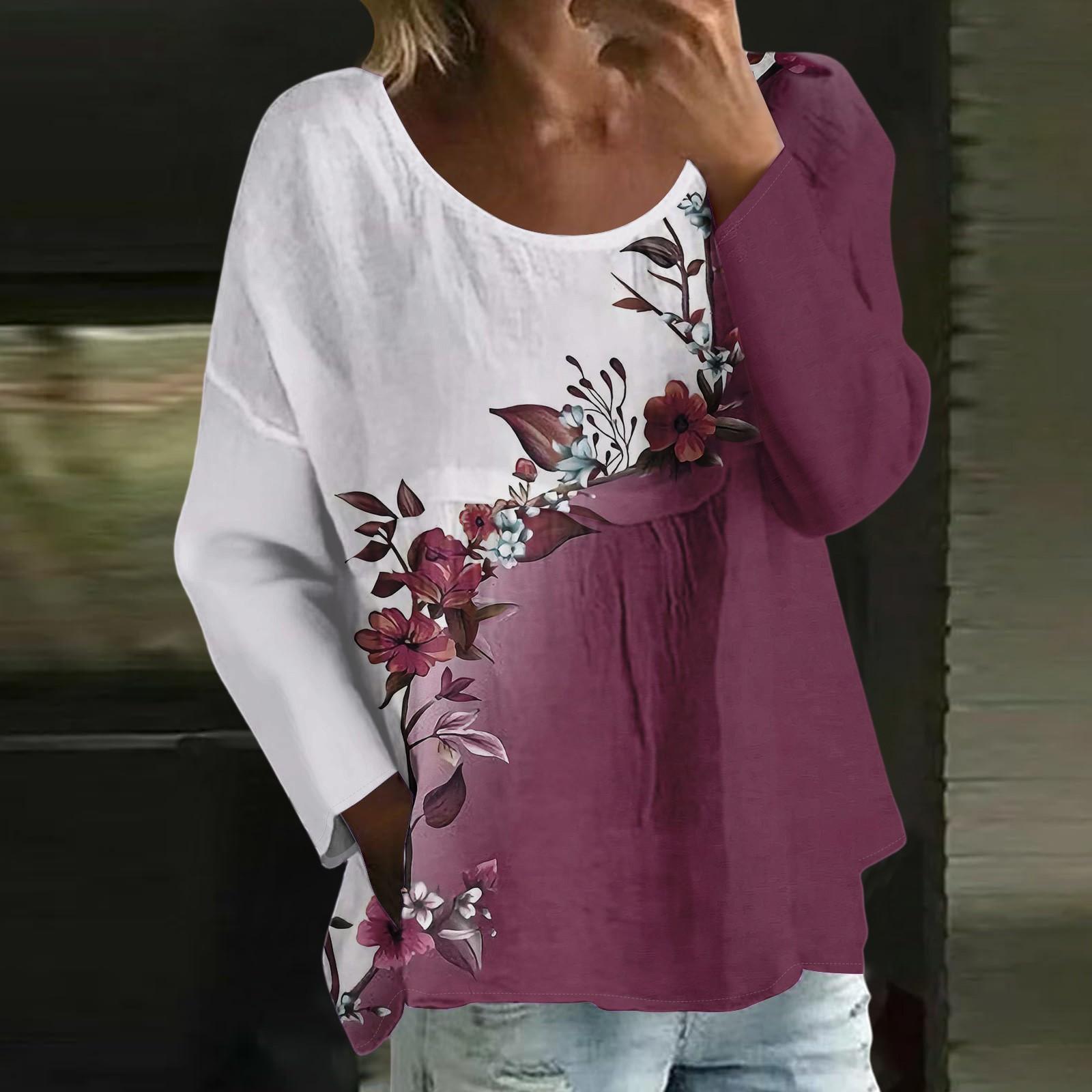 

Женский повседневный модный свободный топ с круглым вырезом и цветочным принтом, с длинным рукавом L