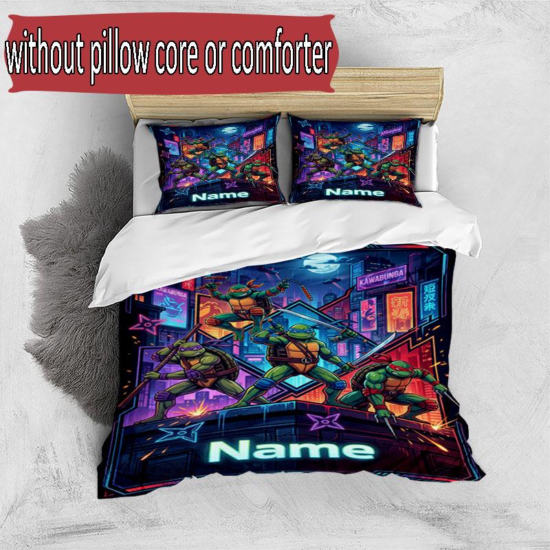 3pcs Duvet Cover Set (1*Duvet Cover + 2*Pillowcase, Without Core), Custom Name Teenage Ninja Turtles Pattern Bedding Set, Home Bedroom Decor Gift