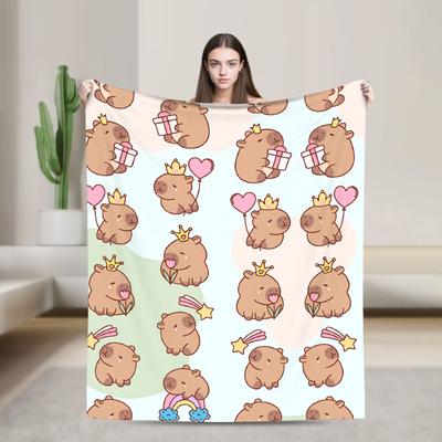 Cartoon Capybara Pattern Blanket Warm Soft Print Plush Throw Blanket For Couch Bed Travel Office Flannel Bedspread Bed Cover