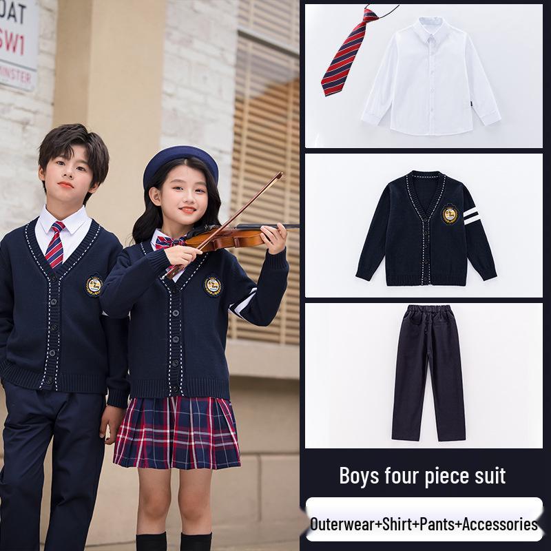 

Комплект школьной формы в британском стиле: Детский кардиган и трехпредметный свитер-униформа для воспитателя детского сада. 120cm