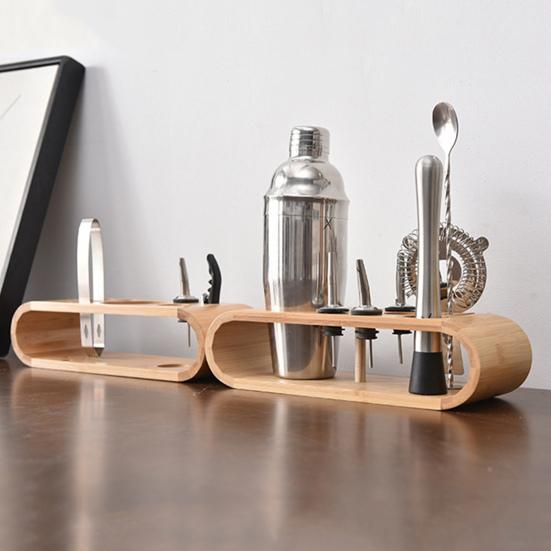 Wooden 9-Piece Bartender Tool Holder Stand Bamboo Cocktail Shaker Set Organizer Storage Display Rack Free Standing Bartender Kit Holder