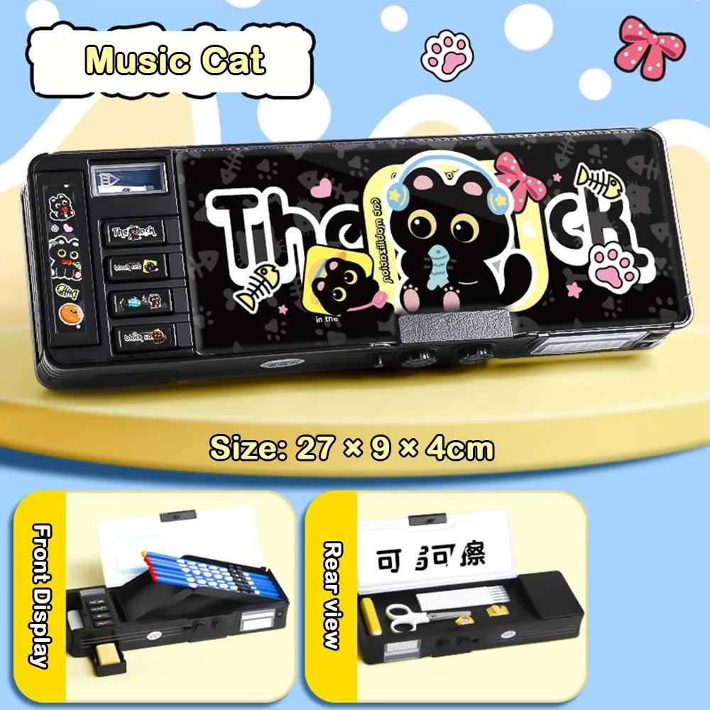Dual Password Pencil Case Multi-functional Double Sides Stationery Box Large Capacity Black Kitten Pencil Box School Supplies