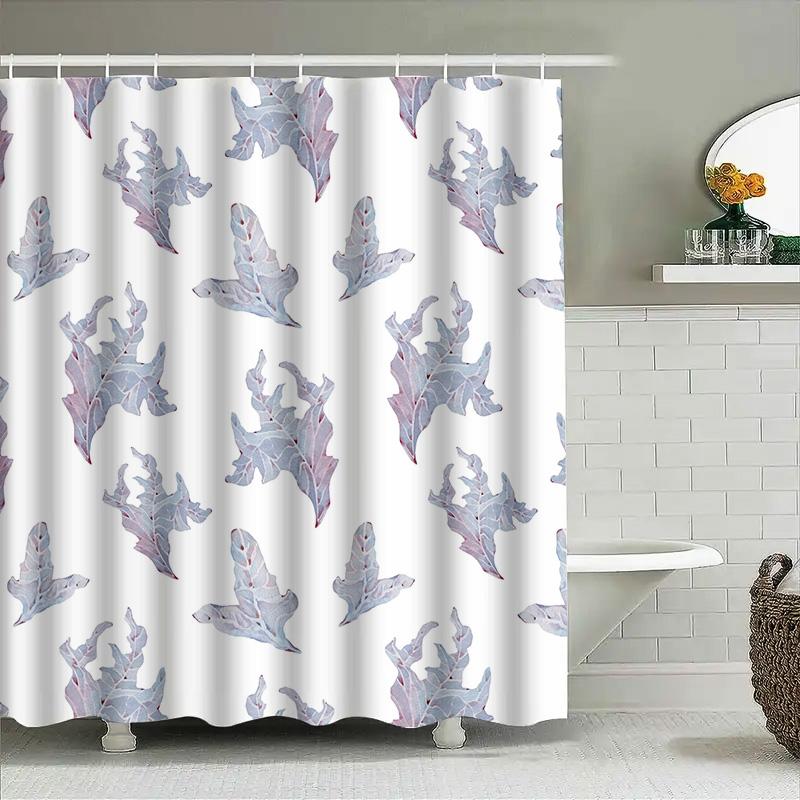 

Leaf Print Shower Curtain Waterproof Bathroom Decor Privacy Screen White With Blue Pink Leaves Pattern (180X240Cm) W60H190(CM)-1 Pcs