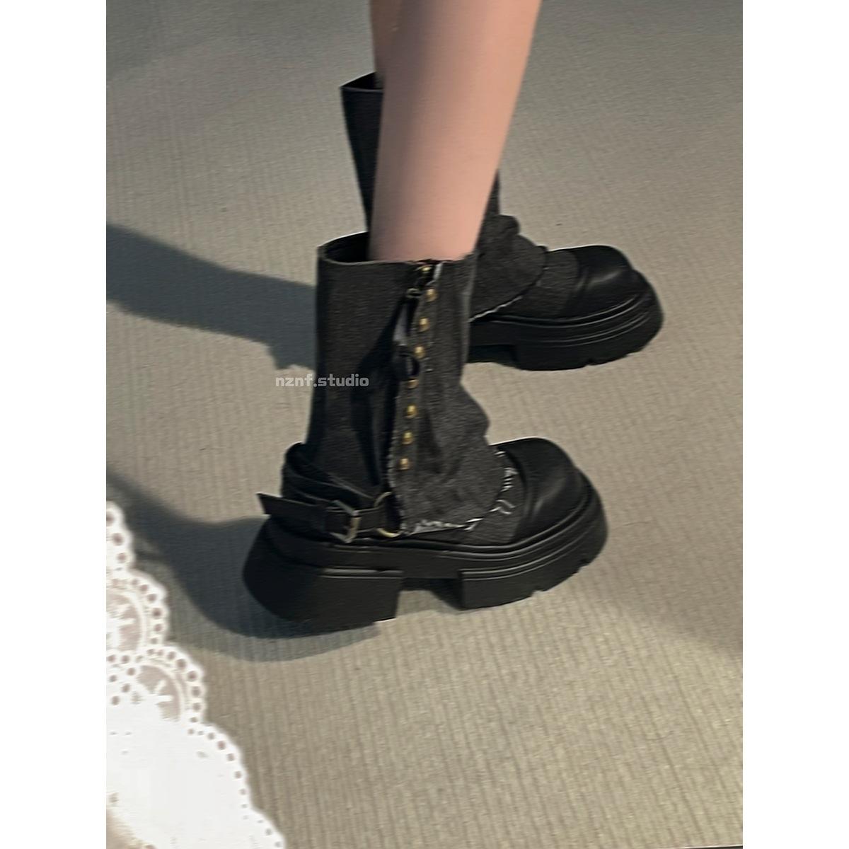 Wang Fan, black British style platform Martin boots, autumn and winter 2025 popular western cowboy short boots 40 синий