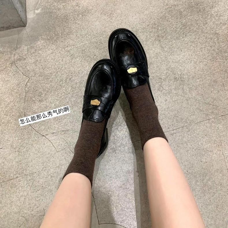 Washed Cowhide~ Round Head Small Gold Coin Lazy Loafers Single Shoes Women's Genuine Leather Thick-soled Small Leather Shoes Loafers Women's Shoes