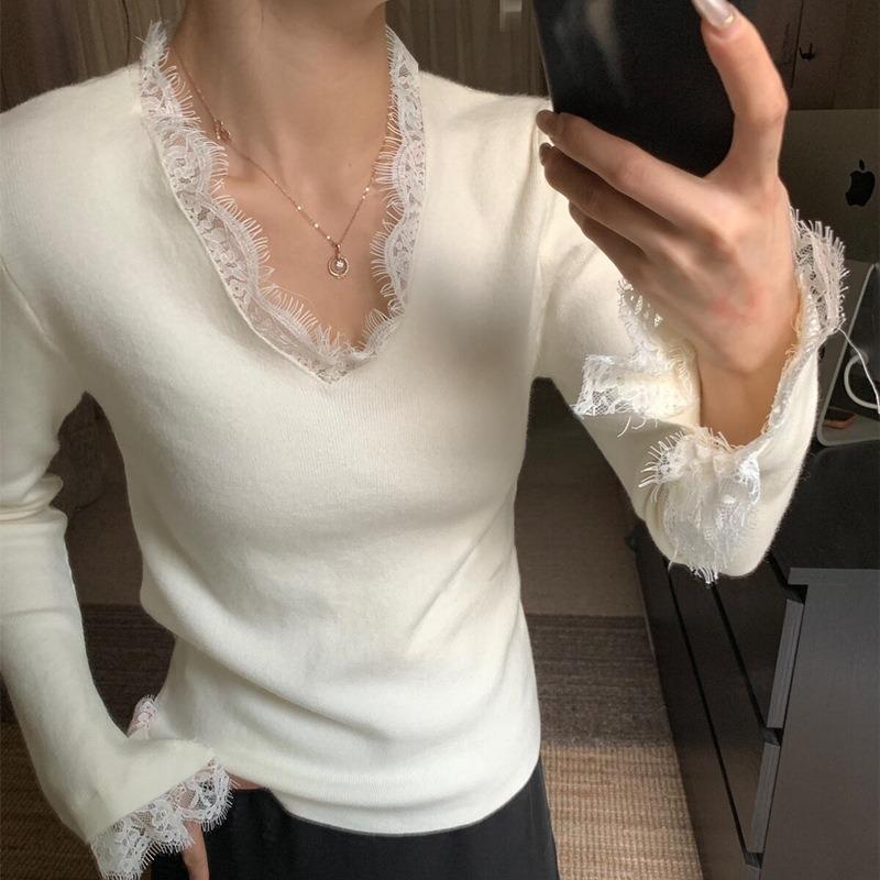 Light ripe style lace collar flared sleeve knitted sweater soft waxy sweater women's autumn and winter slim-fitting inner long-sleeved bottoming top