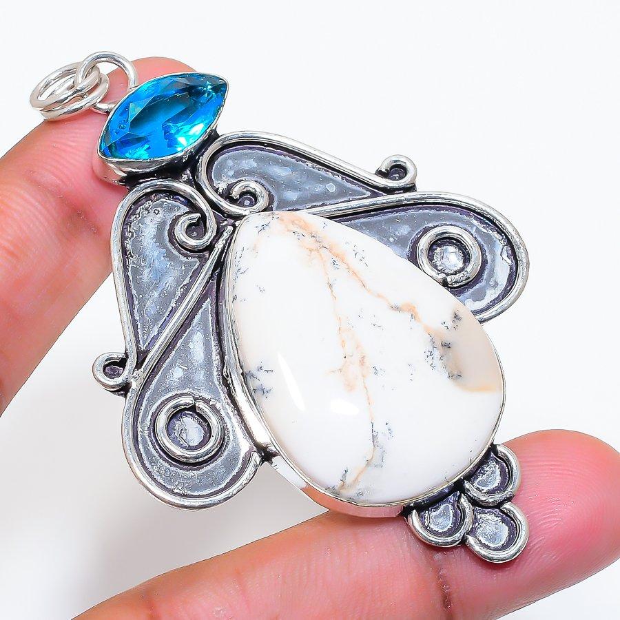 Natural Dendrite Opal, Iolite 925 Sterling Silver Jewelry Pendant 2.96" ZS-610