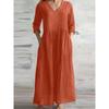 Neues Damen Freizeit V-Ausschnitt Halbarm Locker Langes Maxi Kleid Schlichter Stil Baumwolle Leinen Frühling Herbst Vestido Damenkleid