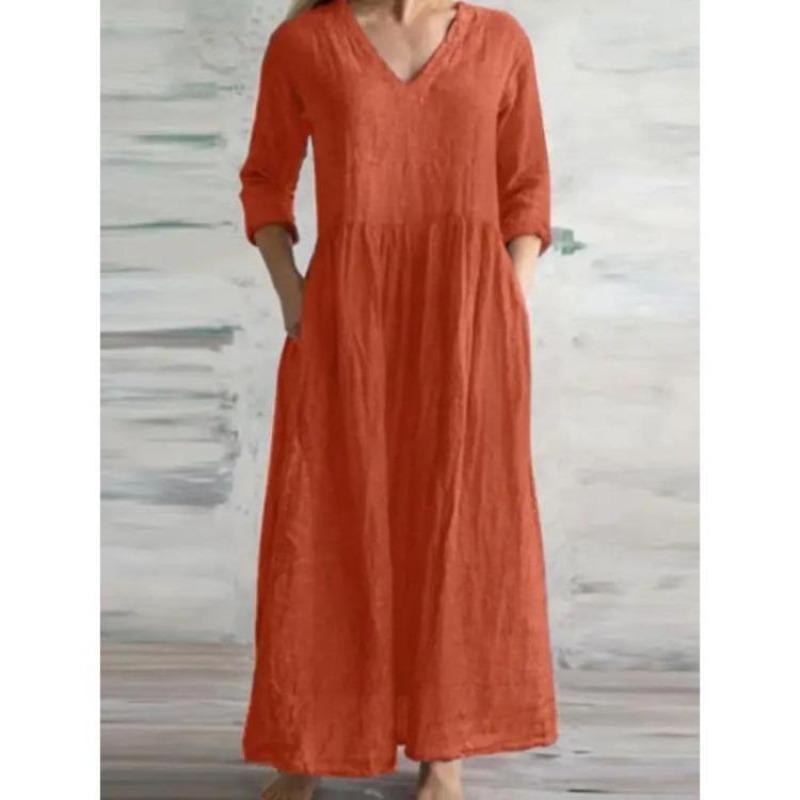 Neues Damen Freizeit V-Ausschnitt Halbarm Locker Langes Maxi Kleid Schlichter Stil Baumwolle Leinen Frühling Herbst Vestido Damenkleid
