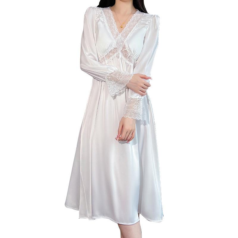 Beautiful Yarn Autumn New Long-sleeved Nightdress Women's Sexy Lace Court Style Long Dress Spring and Autumn Home Nightdress Loungewear
