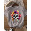 A581[Colorful Floral Skull Print Round Neck Short Sleeve T-Shirt]
