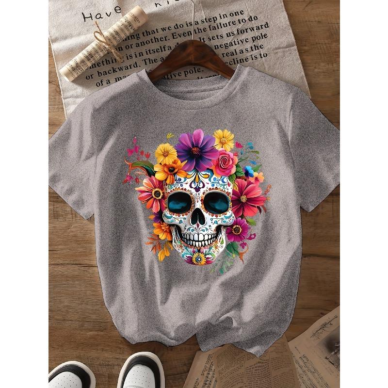 A581[Colorful Floral Skull Print Round Neck Short Sleeve T-Shirt]
