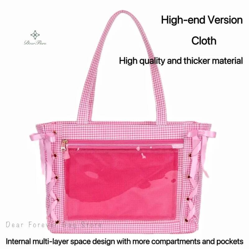 Japanese Sweet Women Ribbon Ita Bag Fashion Large Capacity Tote Bag Aesthetic Shoulder Bag Cute Lolita Girl Transparent Handbags