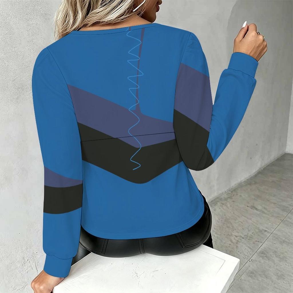 Plus Size Women V Neck Lantern Long Sleeve Top Color Block Print Slim Fit Casual Blouse