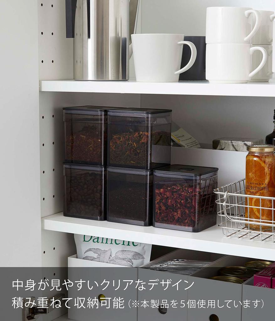 Yamazaki Tower Square Storage Container with Spoon and Valve, Black, Approx. W9.2 x D9.2 x H10.2cm, for Seasonings and Tea Leaves, Anti-oxidation,