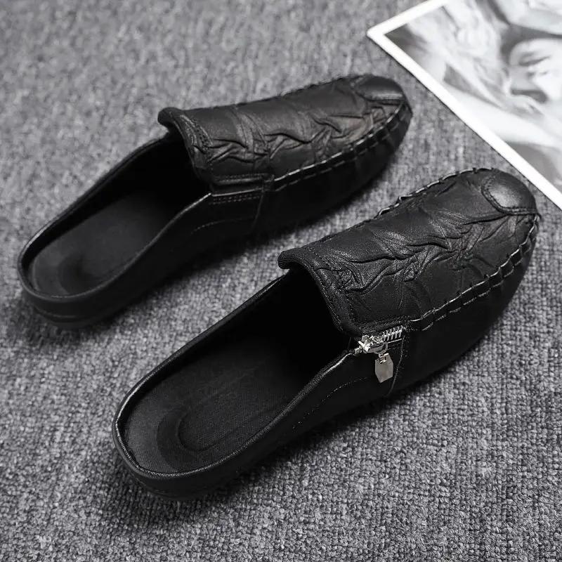 Fashion Slippers for Men Half Soft Leather Designer Luxury Fun Casual Shoes Elegant High Quality Fashion Mascullino Original Sandals Man
