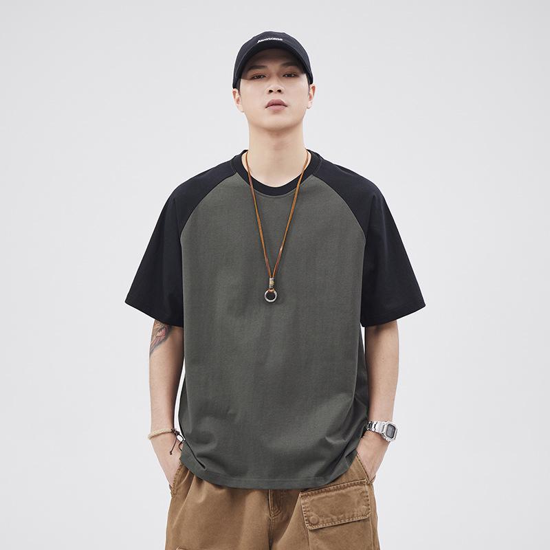250G Men's Summer Trendy Color Block Raglan Tee - Heavyweight Pure Cotton, Loose Fit, Short Sleeve