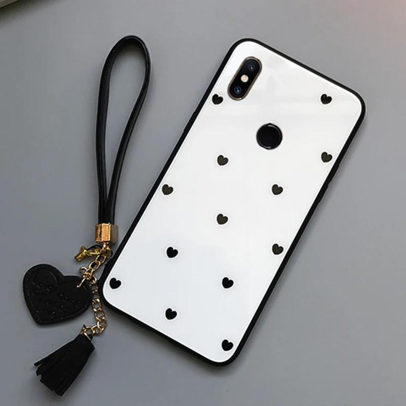 For Xiaomi Redmi Note 9 Pro Max 8 Pro Case Tempered Glass Love Heart Back Cover Tassel Lanyard For Redmi Note 13 Pro Plus 12 Pro