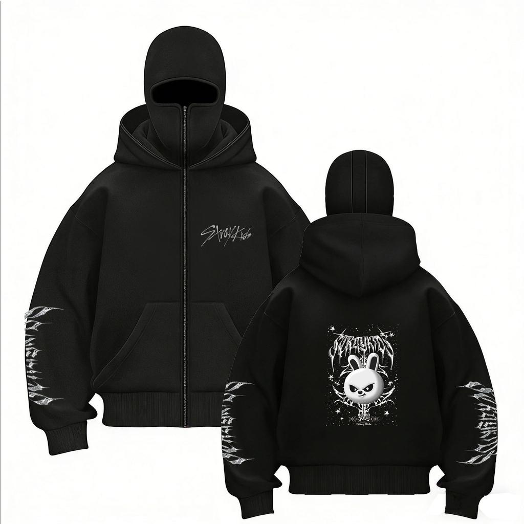 Stray Kids Skz Harajuku Printed Stray Kids Double Hood Zip-Up, Harajuku Print SKZ Hoodie for STAY Two-hat Zip-up Shirt for Men and Women