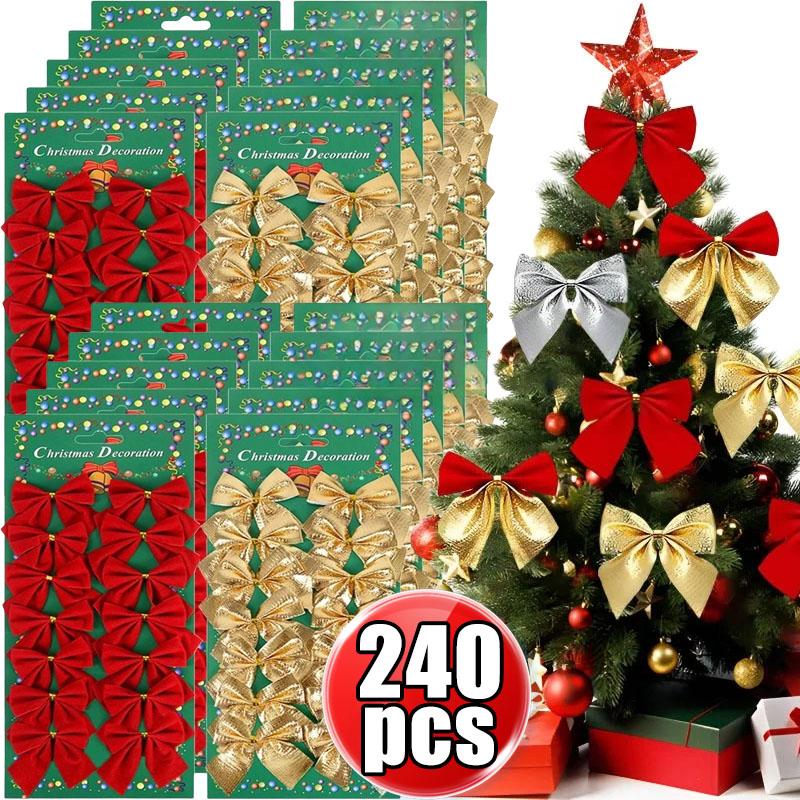 480pcs Christmas Bow Red Gold Mini Xmas Tree Bowknot Pendant Ornaments for Home Decoration Navidad New Year Party DIY Gifts
