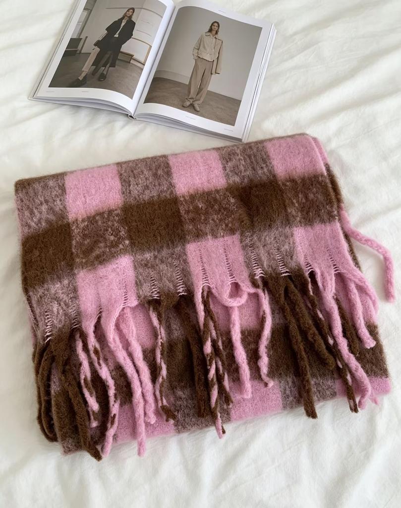 Korean Blue Plaid Scarf Women's Winter Thickened Warm Imitation Mohair Shawl Dual-purpose Student Versatile Scarf