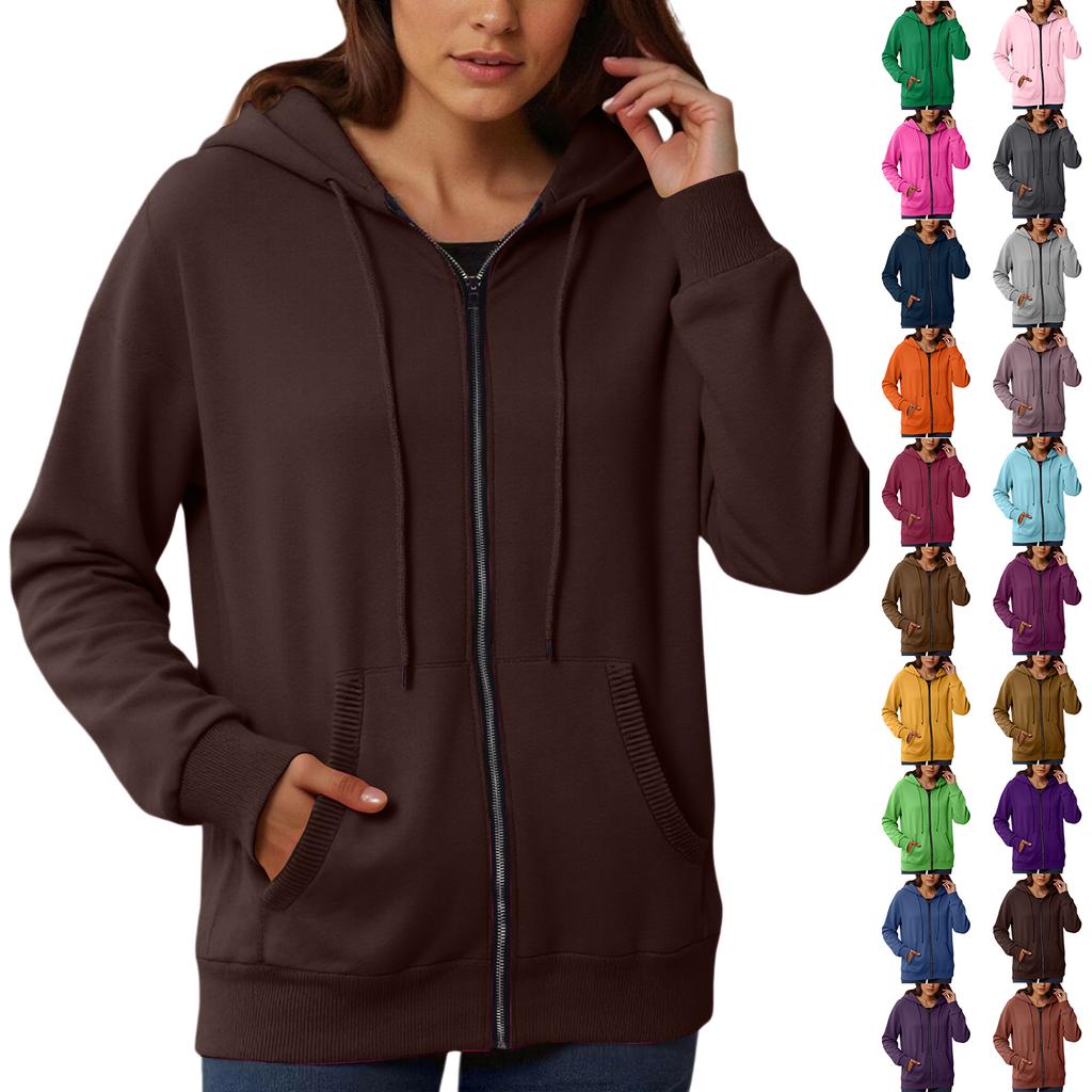 Women's Loose And Comfortable Zipper V-neck Long Sleeved Solid Color Pullover Sweatshirt Jacket