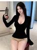 Women’s Deep V Slim Fit Long Sleeve Top - Sexy Brushed Base Layer T-shirt