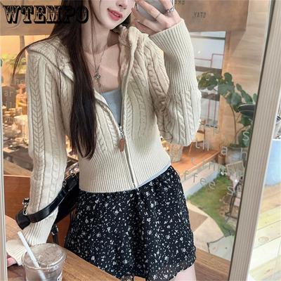 Damen Kapuzenstrickjacke Herbst und Winter Reißverschluss Pullover Mantel Klein Slim Kurzoberteil