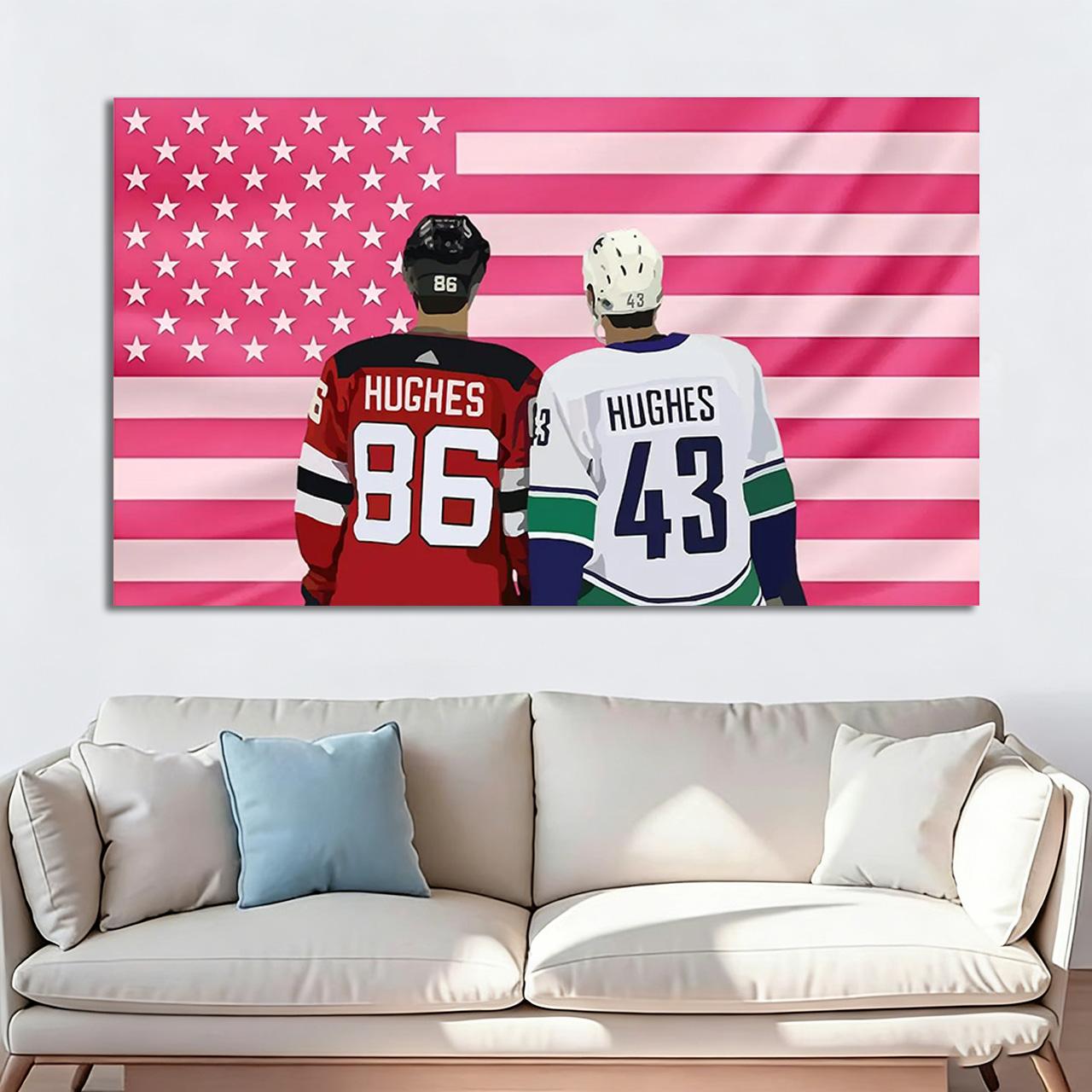 Jack & Quinn Hughes Pink USA Flag Tapestry, Hockey Brothers Wall Hanging, NHL Fan Gift, Flat Print 100X70CM