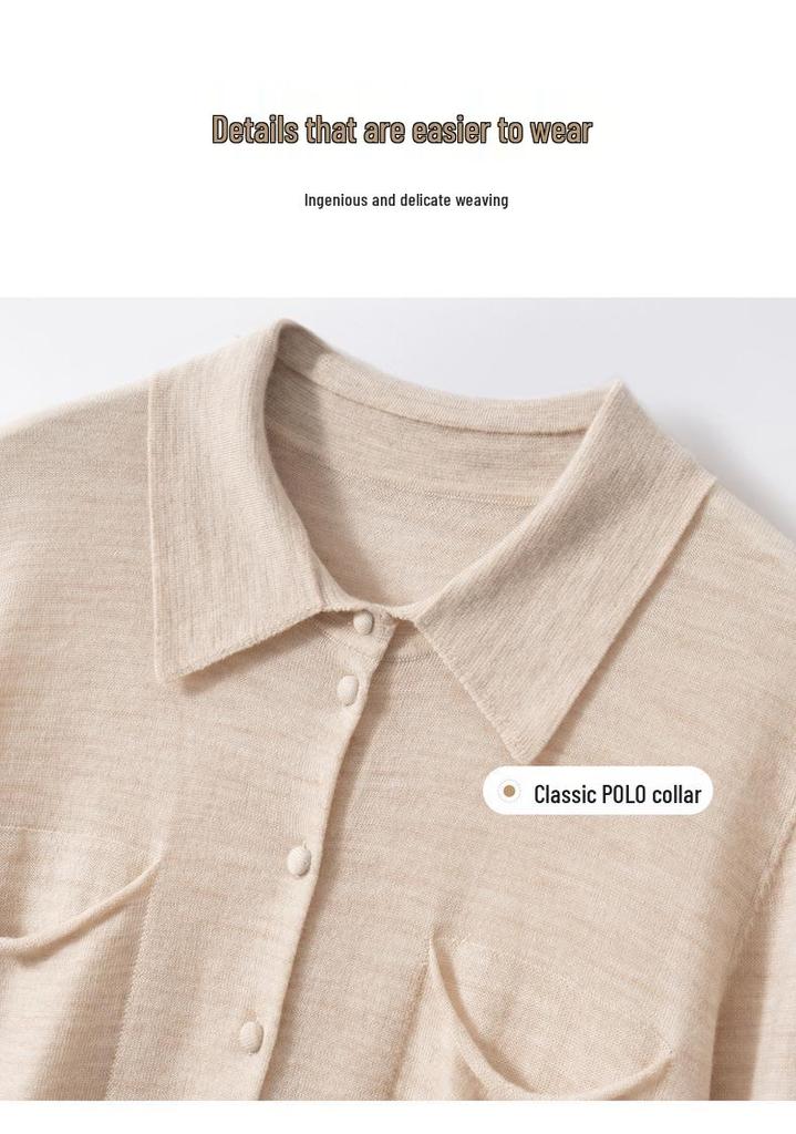 Autumn/Winter Women's Pure Wool Polo Collar Knit Cardigan